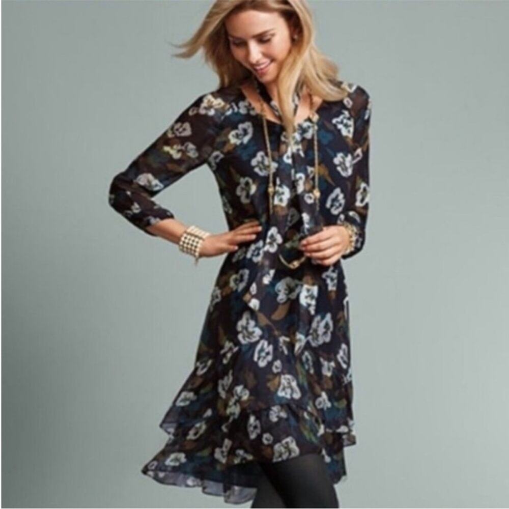 Cabi Pirouette Floating Flowers navy green floral midi dress size Medium #3460